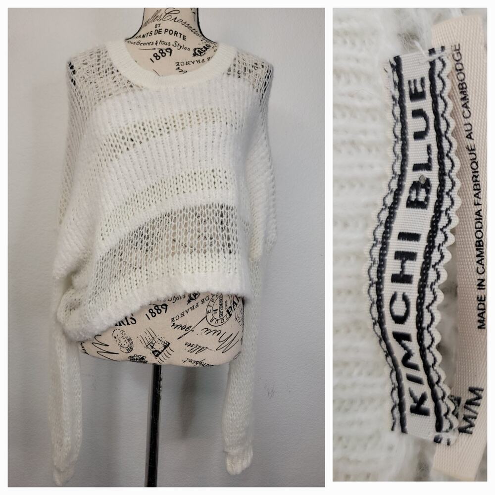 Kimchi Blue Crop Knit Sweatshirt Top M Ivory White Striped Beachy Euro Summer
